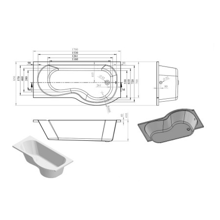 AJAX105609 Ajax Barcon 1700 x 850mm Right Hand P Shaped Shower Bath Internal Measurements