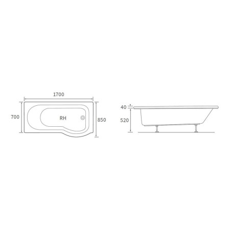 AJAX105612 Ajax Barcon 1700 x 850mm Right Hand P Shaped Supercast Shower Bath Line Drawing
