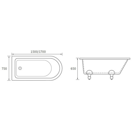 AJAX102820 Ajax Bardney 1700 x 750mm Corner Freestanding Bath Line Drawing
