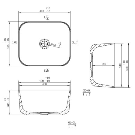 AJAX104936 Ajax Barnetby 420mm Deep Ceramic Countertop Basin Line Drawing