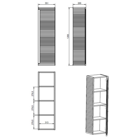 AJAX116031 Ajax Barnoldby 350mm Wall Hung Matt Taupe Tall Storage Unit Line Drawing
