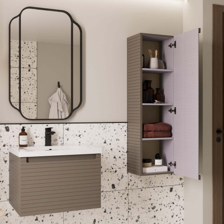 AJAX116031 Ajax Barnoldby 350mm Wall Hung Matt Taupe Tall Storage Unit Open Door