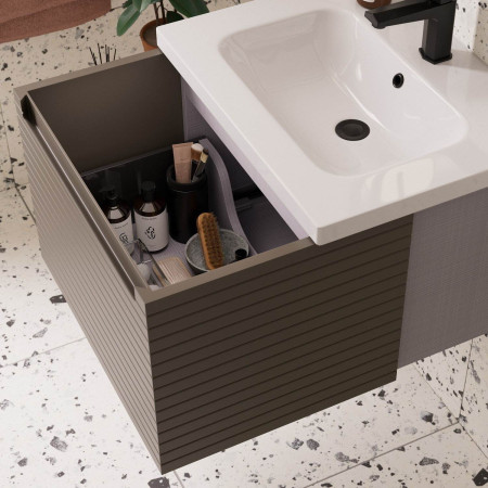 AJAX116028 Ajax Barnoldby 600mm Wall Hung Matt Taupe Vanity Unit and Basin Drawer Close Up