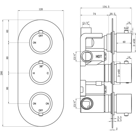 AJAX105843 Ajax Barrow Chrome Thermostatic Three Outlet Triple Concealed Shower Valve Line Drawing