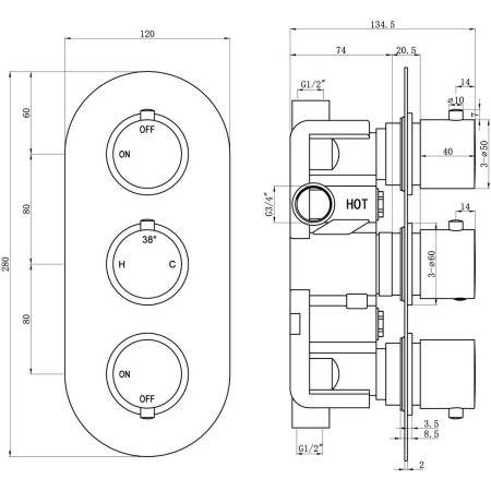 AJAX105842 Ajax Barrow Chrome Thermostatic Two Outlet Triple Concealed Shower Valve Line Drawing