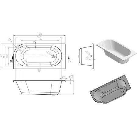 AJAX105665 Ajax Bawtry 1500 x 725mm J Shaped Back to Wall Left Hand Corner Bath Internal Measurements