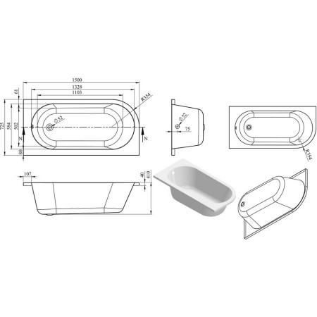 AJAX105666 Ajax Bawtry 1500 x 725mm J Shaped Back to Wall Right Hand Corner Bath Internal Measurements