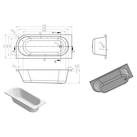 AJAX105663 Ajax Bawtry 1700 x 725mm J Shaped Back to Wall Left Hand Corner Bath Internal Measurements