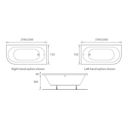 AJAX105663 Ajax Bawtry 1700 x 725mm J Shaped Back to Wall Left Hand Corner Bath Line Drawing