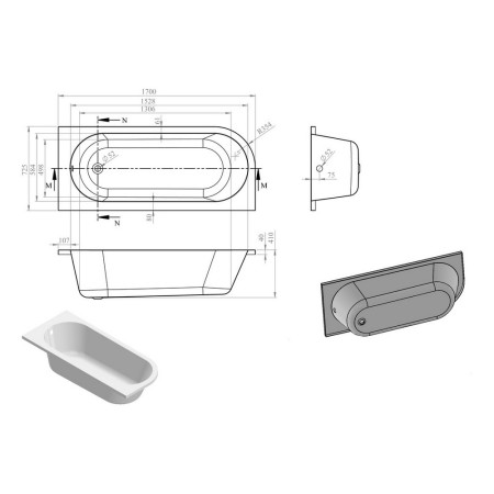 AJAX105664 Ajax Bawtry 1700 x 725mm J Shaped Back to Wall Right Hand Corner Bath Internal Measurements
