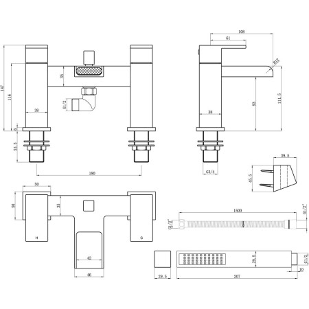AJAX105716 Ajax Beck Chrome Bath Shower Mixer Line Drawing