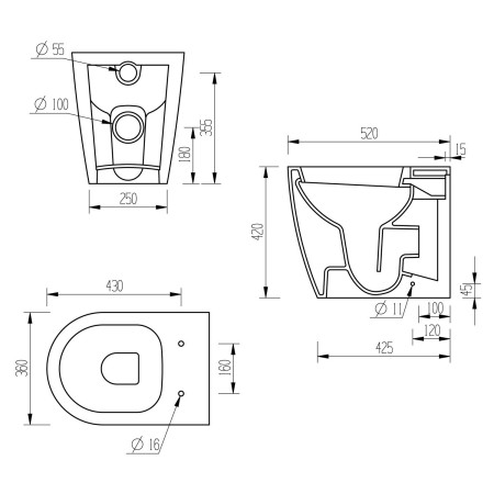 AJAX116024 Ajax Beckering Back to Wall WC and Seat Dimensions