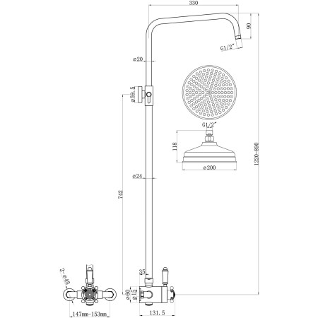 AJAX116277 Ajax Beelsby Traditional Brushed Brass Concentric Shower with Overhead Dimensions