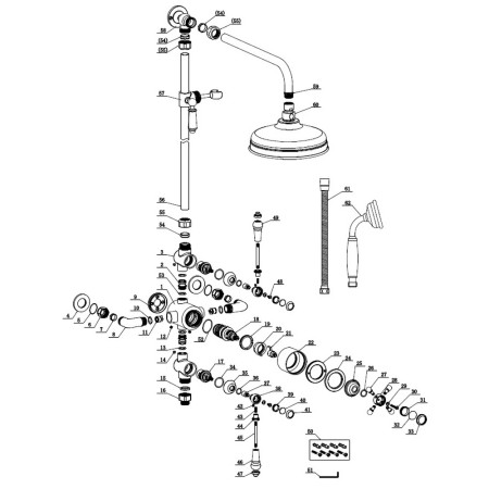AJAX106787 Ajax Beelsby Traditional Brushed Brass Shower with Riser Kit and Overhead Parts Diagram