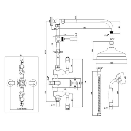 AJAX106787 Ajax Beelsby Traditional Brushed Brass Shower with Riser Kit and Overhead Dimensions