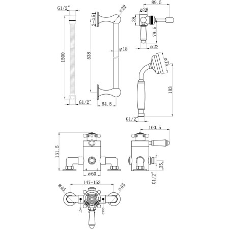 AJAX105833 Ajax Beelsby Traditional Chrome Concentric Shower with Riser Kit Dimensions