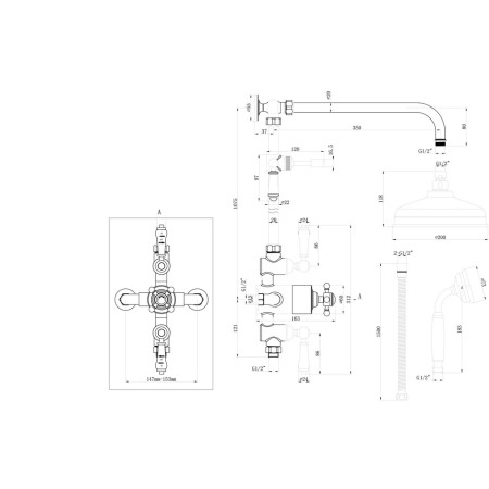 AJAX105885 Ajax Beelsby Traditional Chrome Shower with Riser Kit and Overhead Line Drawing