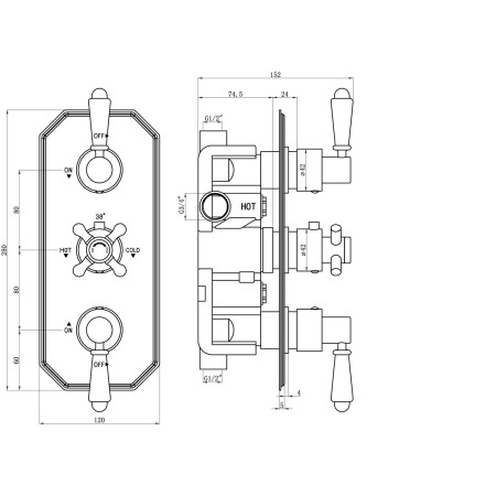 AJAX116275 Ajax Beelsby Traditional Two Outlet Brushed Brass Concealed Shower Valve Dimensions
