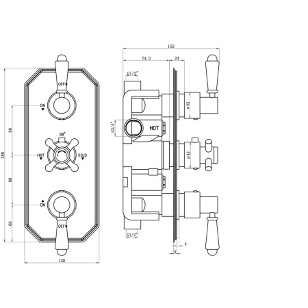 AJAX105882 Ajax Beelsby Traditional Two Outlet Chrome Concealed Shower Valve Dimensions