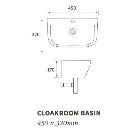 AJAX106861 Ajax Binbrook 1TH Cloakroom Basin with Brushed Brass Trap Line Drawing