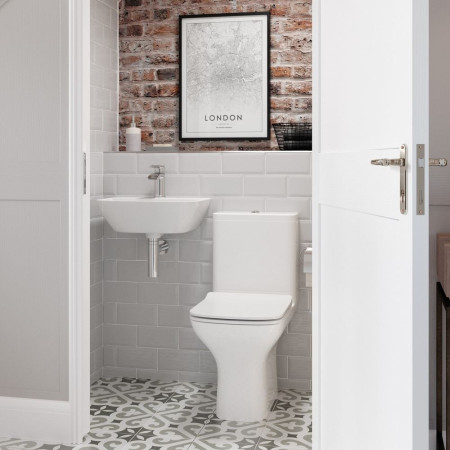 AJAX117074 Ajax Binbrook Close Coupled Short Projection Open Back WC with Wrapover Seat Cloakroom Setting