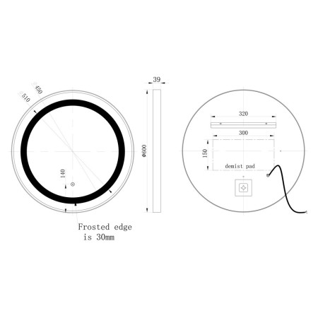 AJAX106252 Ajax Bracken 600mm Matt Black Front Lit LED Bathroom Mirror Line Drawing