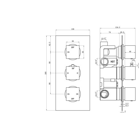 AJAX105846 Ajax Brigsley Chrome Thermostatic Three Outlet Triple Concealed Shower Valve (3)