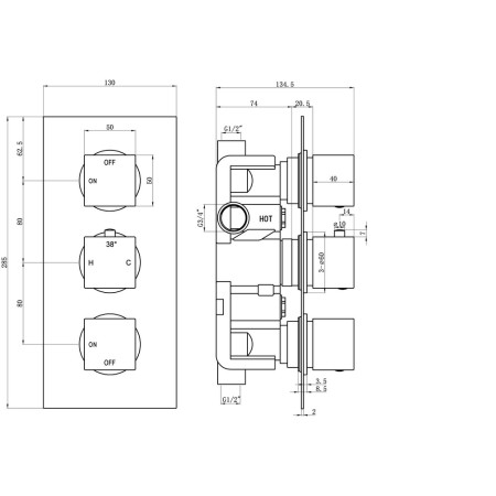 AJAX105845 Ajax Brigsley Chrome Thermostatic Two Outlet Triple Concealed Shower Valve (3)