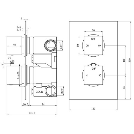 AJAX108591 Ajax Hedon Matt Black Thermostatic Two Outlet Concealed Shower Valve Line Drawing