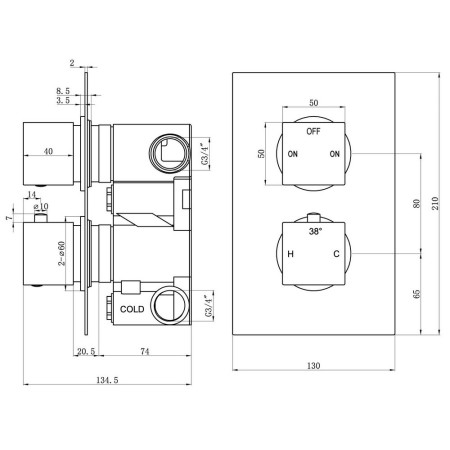 AJAX108592 Ajax Hedon Brushed Brass Thermostatic Two Outlet Concealed Shower Valve Line Drawing