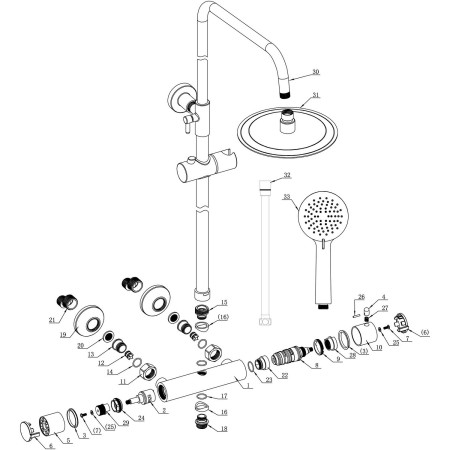AJAX111607 Ajax Brushed Brass Round Thermostatic Bar Mixer Shower with Riser Kit Parts Diagram