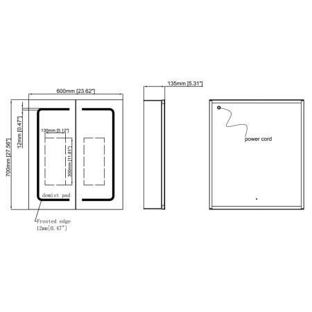 AJAX106296 Ajax Byland 600mm Double Door LED Mirror Cabinet Line Drawing