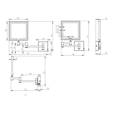 AJAX107590 Ajax Bywood Chrome Squared LED Cosmetic Mirror Line Drawing