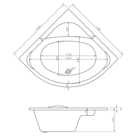 AJAX105677 Ajax Cabourne 1350 x 1350mm Corner Bath Internal Measurements