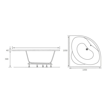 AJAX105677 Ajax Cabourne 1350 x 1350mm Corner Bath Line Drawing