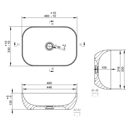 AJAX106867 Ajax Cadwell White Marble Ceramic Countertop Basin Line Drawing