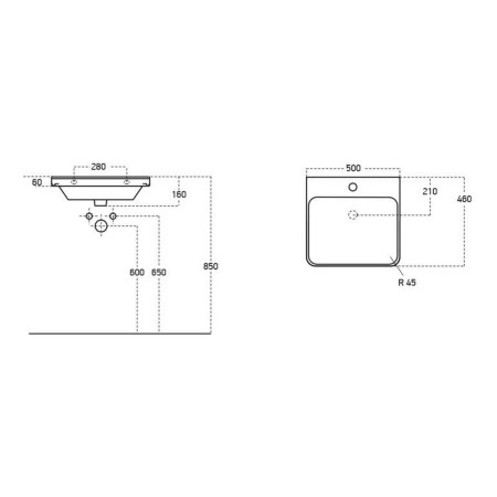AJAX108927 Ajax Caenby 500mm Wall Hung Vanity Unit with Basin in Matt White Basin Line Drawing