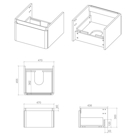 AJAX108927 Ajax Caenby 500mm Wall Hung Vanity Unit with Basin in Matt White Unit Line Drawing