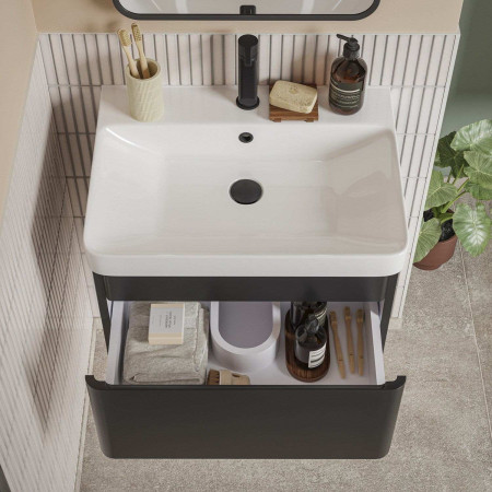 AJAX108934 Ajax Caenby 600mm Wall Hung Vanity Unit with Basin in Matt Black with Black Tap and Waste