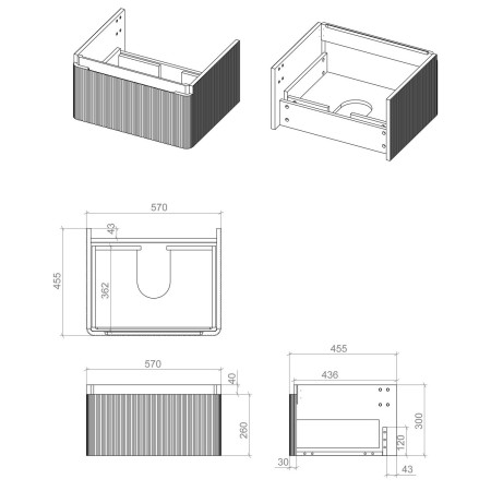 AJAX108928 Ajax Caenby 600mm Wall Hung Vanity Unit with Basin in Matt White Unit Line Drawing