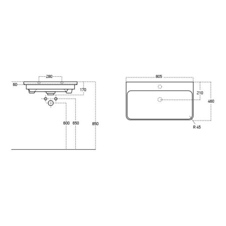 AJAX108935 Ajax Caenby 800mm Wall Hung Vanity Unit with Basin in Matt Black Basin Line Drawing