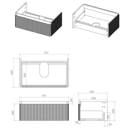 AJAX108935 Ajax Caenby 800mm Wall Hung Vanity Unit with Basin in Matt Black Unit Line Drawing