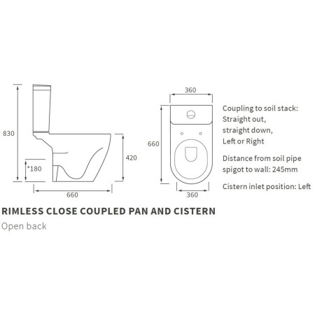 AJAX1928 Ajax Caistor Rimless Close Coupled Open Back WC with Seat Line Drawing