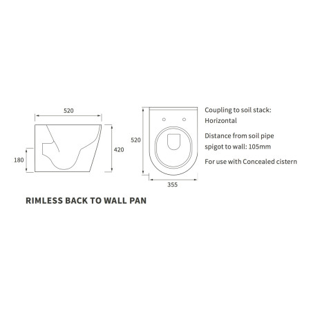 AJAX117078 Ajax Caistor Rimless Swirlux Short Projection Back to Wall WC with Seat Line Drawing