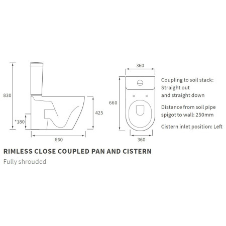 AJAX117077 Ajax Caistor Rimless Swirlux Short Projection Close Coupled WC with Seat Line Drawing