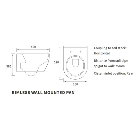 AJAX1861 Ajax Caistor Rimless Wall Hung WC with Soft Close Seat Line Drawing