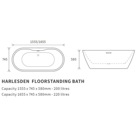 AJAX104126 Ajax Carlton 1655 x 745mm Freestanding Bath Line Drawing