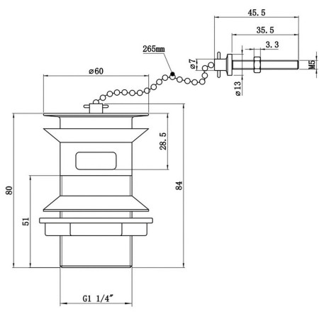 AJAX105682 Ajax Chrome Plug and Chain Slotted Basin Waste Line Drawing