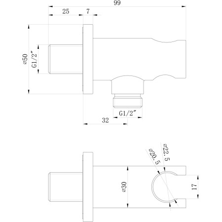 AJAX105874 Ajax Chrome Round Handset Wall Bracket with Outlet Line Drawing