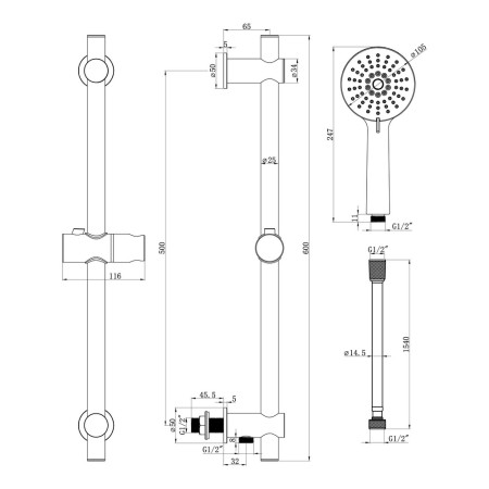 AJAX105853 Ajax Chrome Round Premium Slider Rail Kit with Handset and Elbow (3)